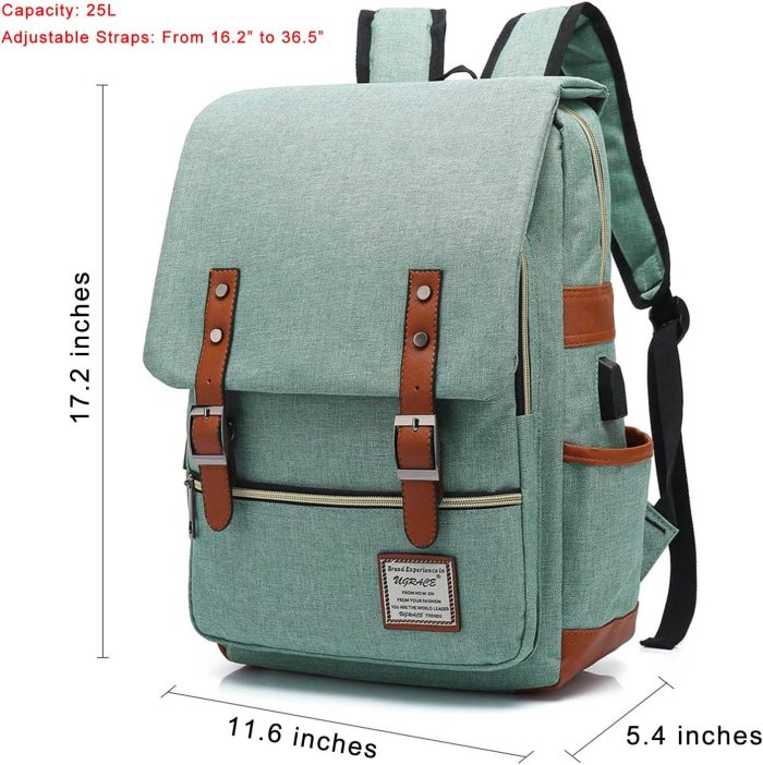 UGRACE Vintage Laptop Backpack with USB Charging Port, Water Resistant Travelling Backpacks College Bag for Men Women, Fits up to 15.6Inch Laptop in Green - Image 2